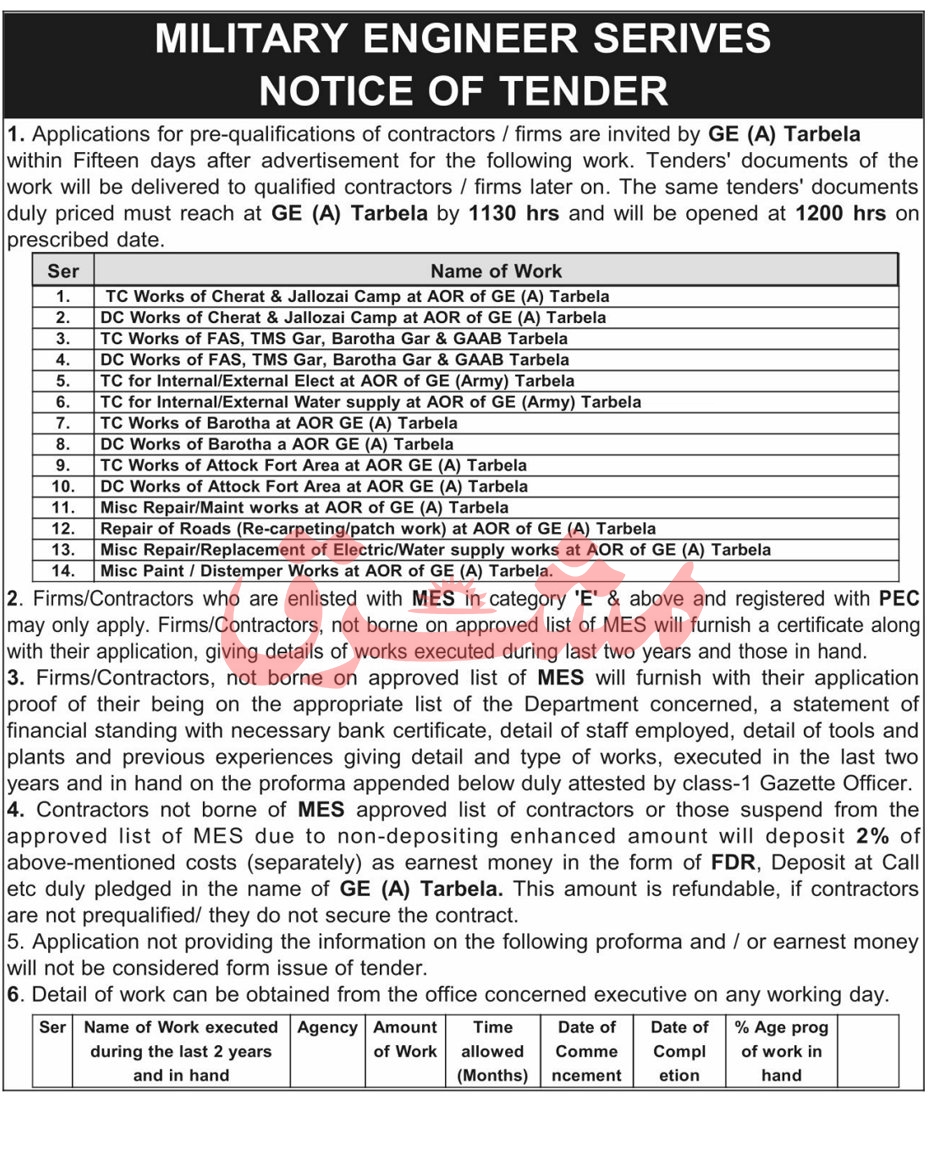 Military Engineer Services Tarbela Tender Notice